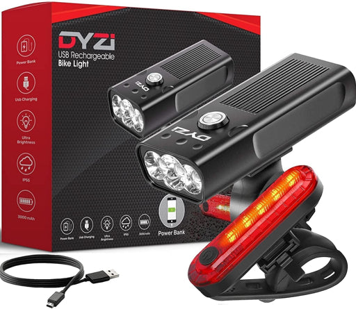 USB Rechargeable Bicycle Light Set – Front & Rear LED Bike Lights with Aluminum Body, Power Bank & Phone Holder for Safe Night Riding