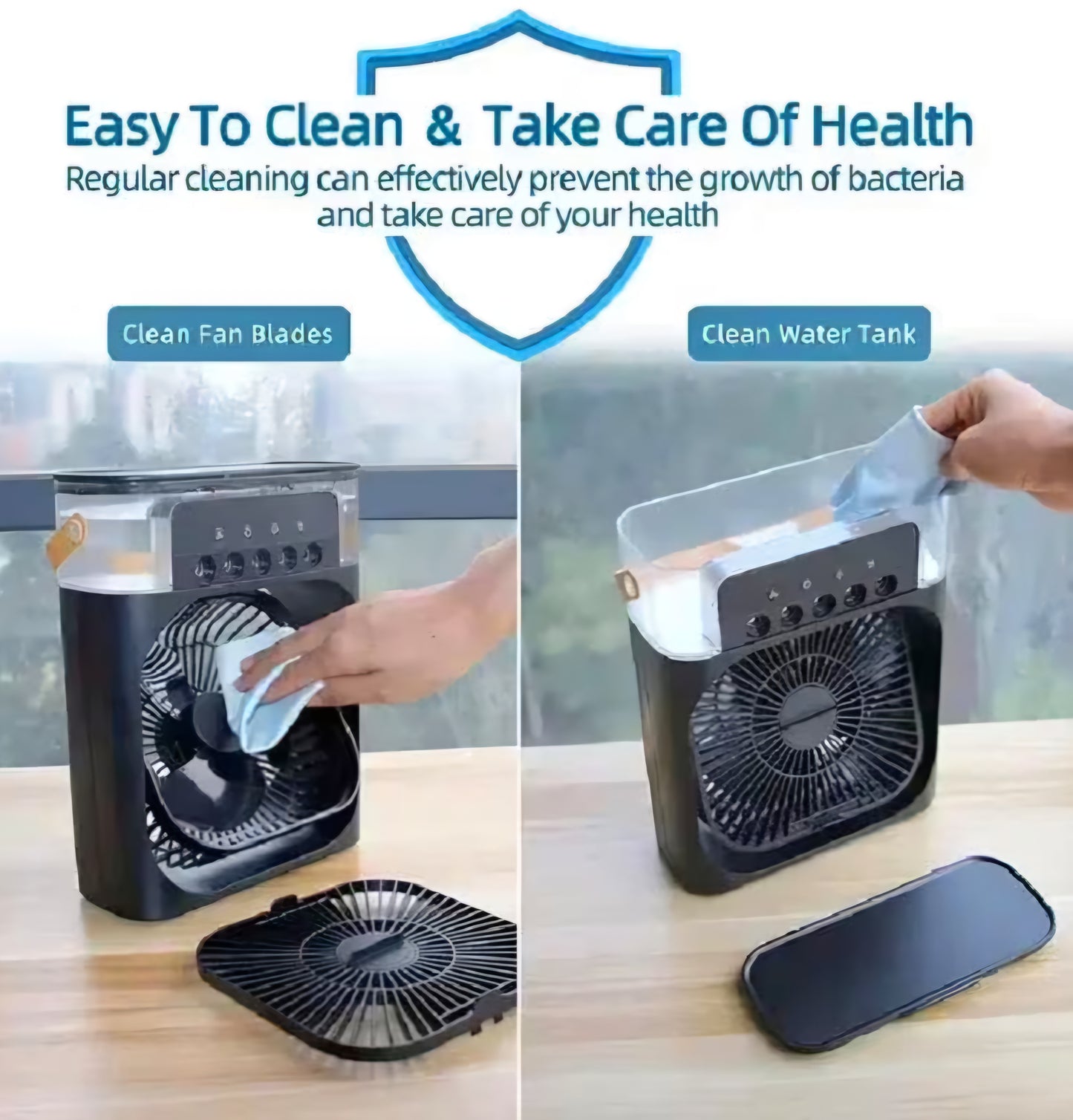 3-in-1 Portable Air Cooler Fan with Mist Spray & LED Lights – USB Mini Desk Cooling Fan, Quiet & Rechargeable for Home or Office