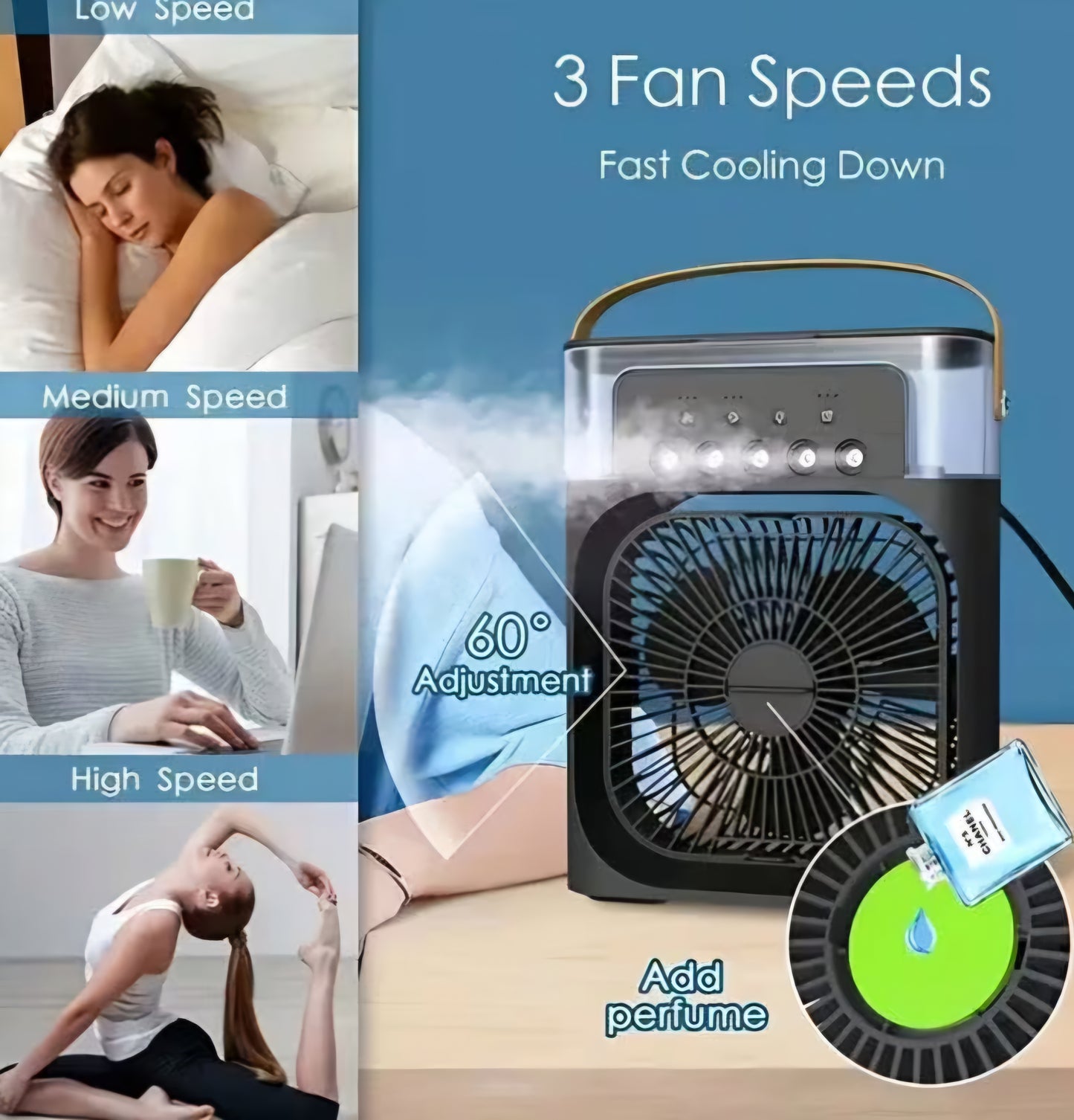 3-in-1 Portable Air Cooler Fan with Mist Spray & LED Lights – USB Mini Desk Cooling Fan, Quiet & Rechargeable for Home or Office