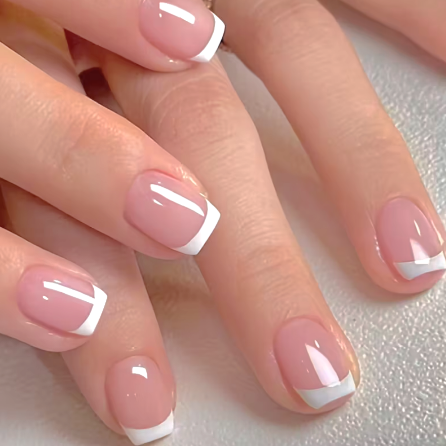 24pcs Short Coffin Press On Nails Pink White | Glossy Reusable False Nails Set