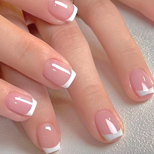 24pcs Short Coffin Press On Nails Pink White | Glossy Reusable False Nails Set