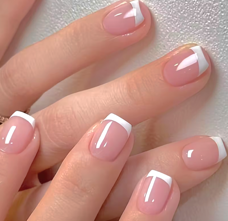 24pcs Short Coffin Press On Nails Pink White | Glossy Reusable False Nails Set