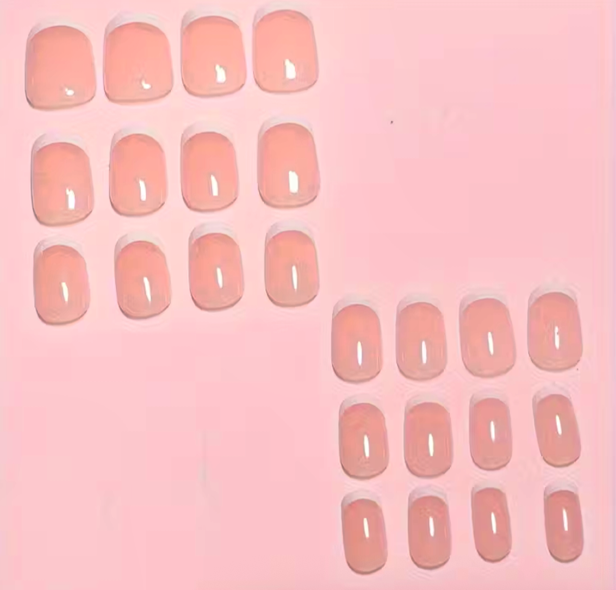 24pcs Short Coffin Press On Nails Pink White | Glossy Reusable False Nails Set