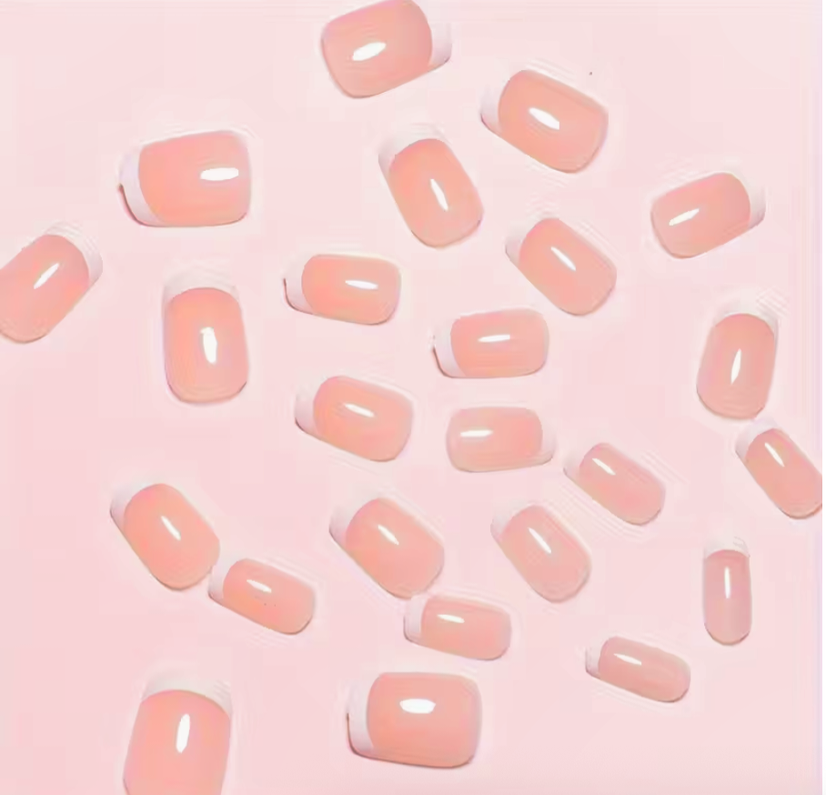 24pcs Short Coffin Press On Nails Pink White | Glossy Reusable False Nails Set