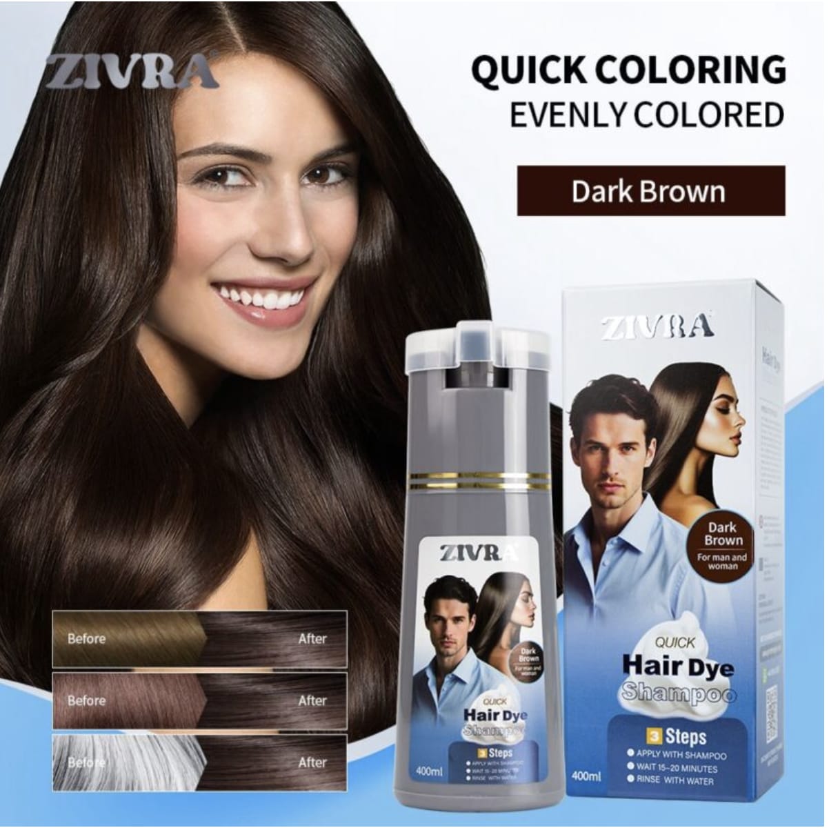 ZIVRA 400ml Instant Hair Color Shampoo – Natural Black & Dark Brown Hair Dye for Men & Women