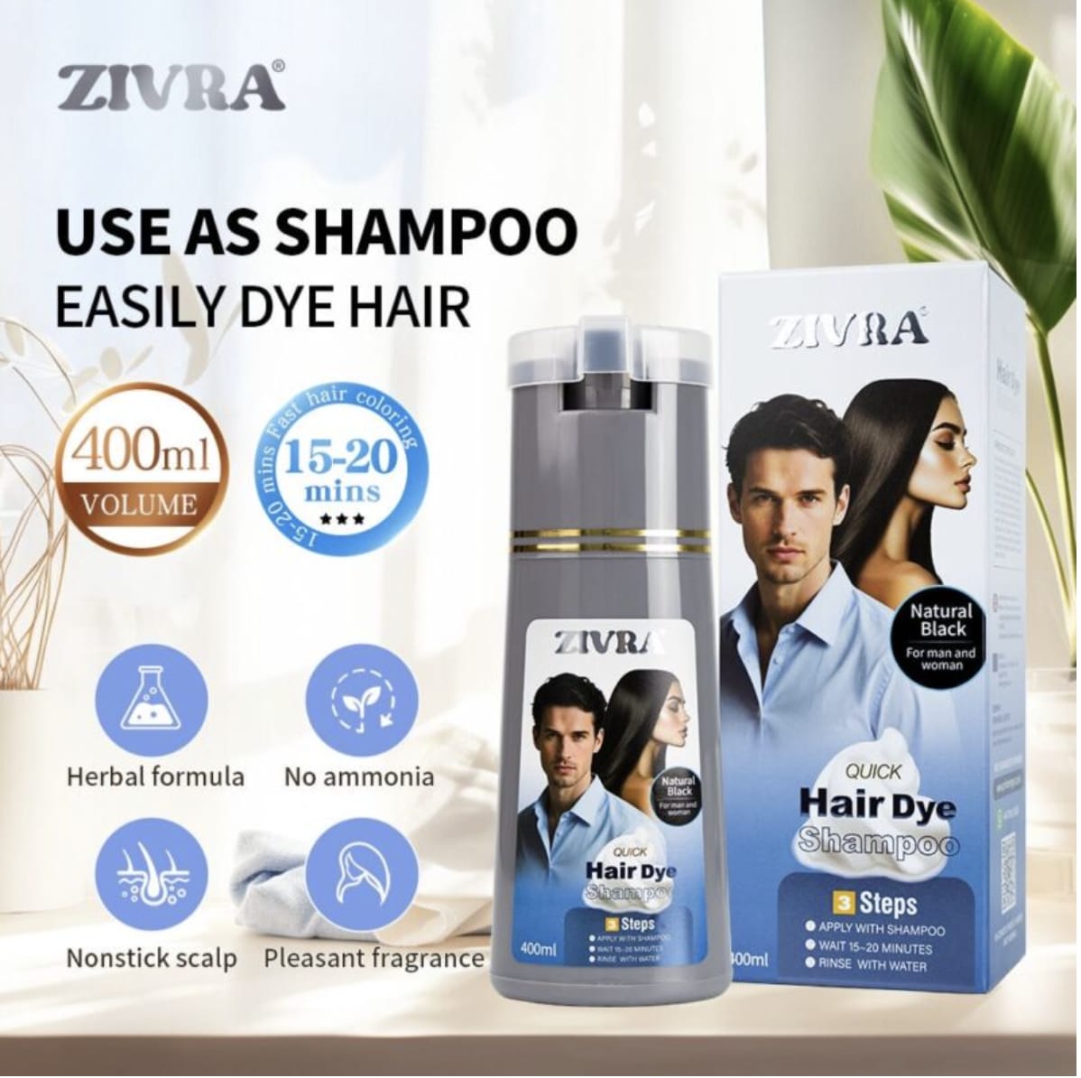 ZIVRA 400ml Instant Hair Color Shampoo – Natural Black & Dark Brown Hair Dye for Men & Women